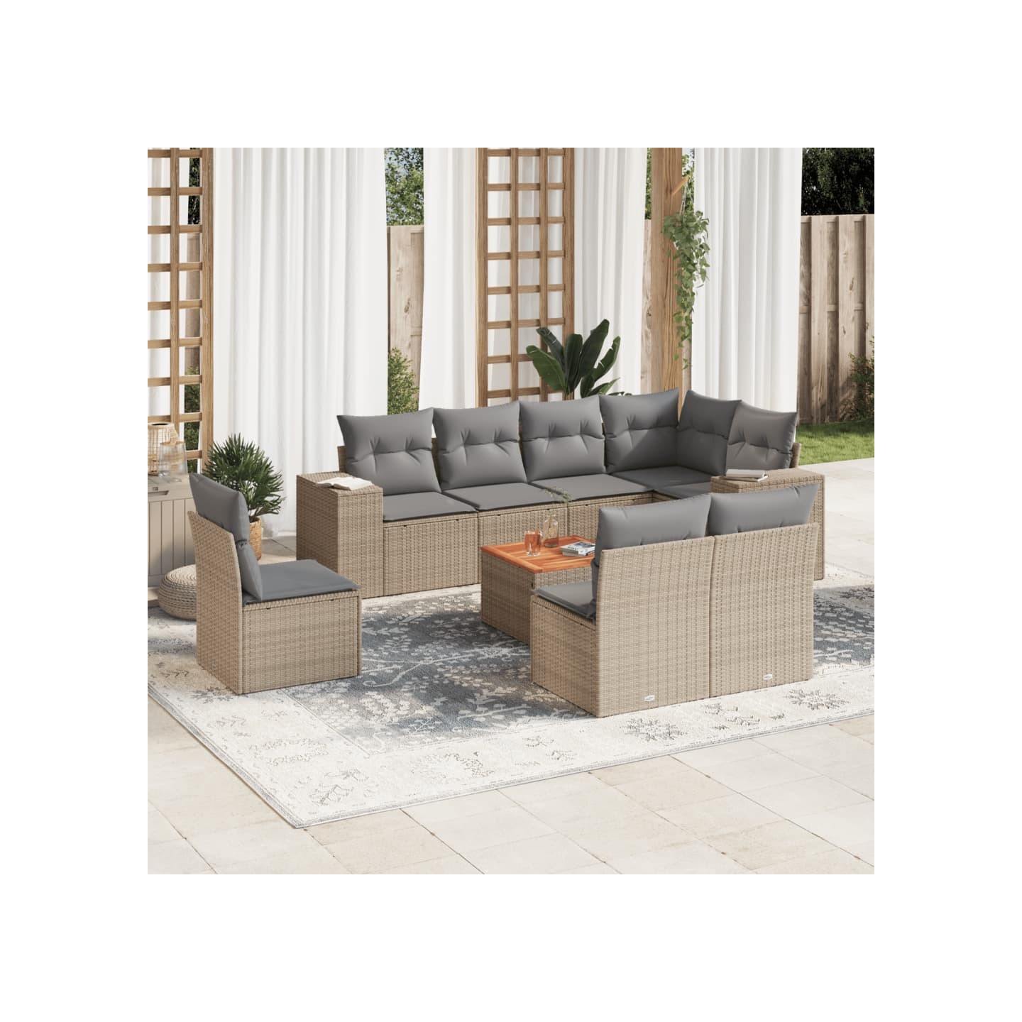 Salon de jardin avec coussins 9 pcs beige résine tressée