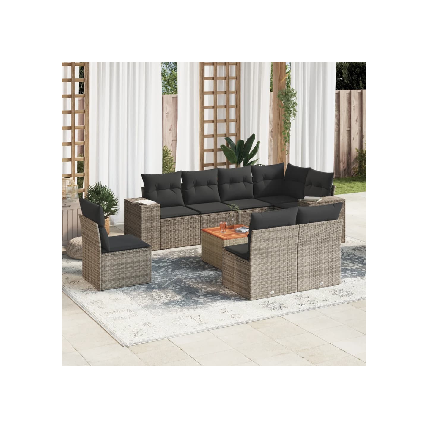 Salon de jardin 9 pcs avec coussins gris résine tressée