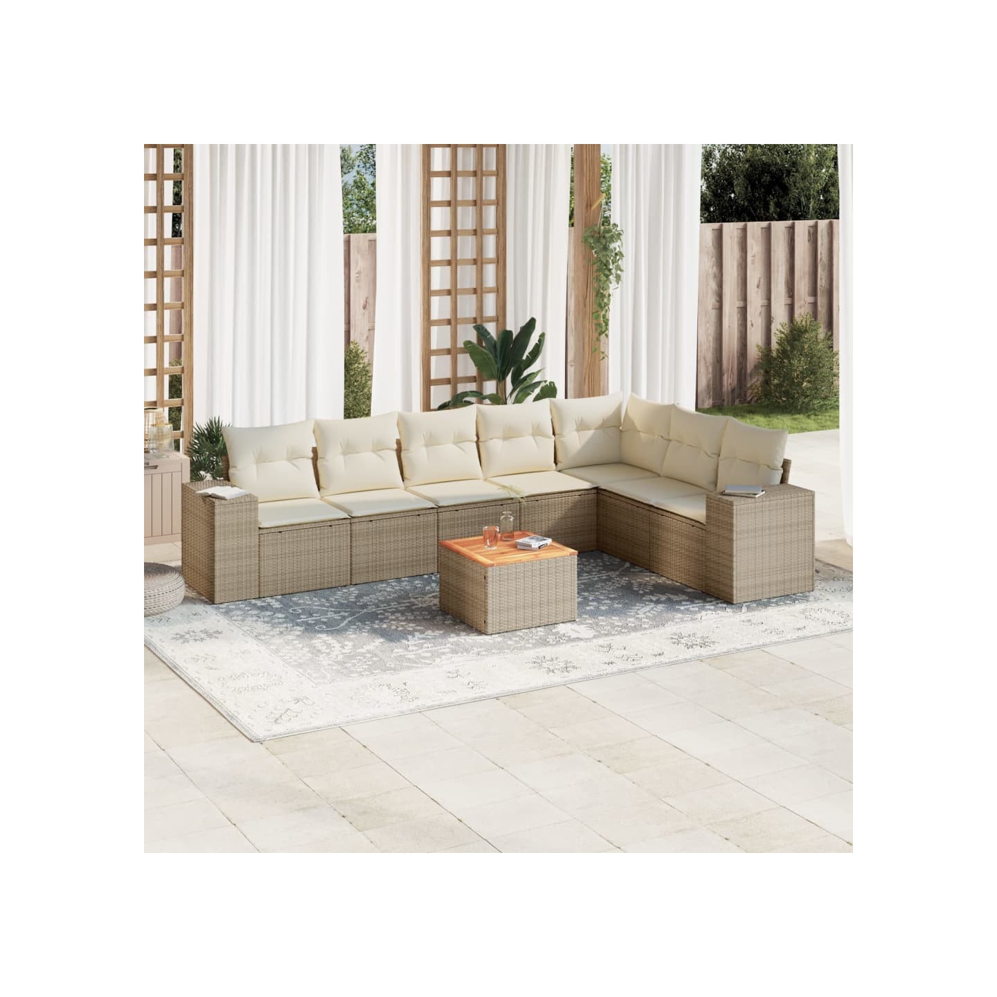 Salon de jardin avec coussins 8 pcs beige résine tressée