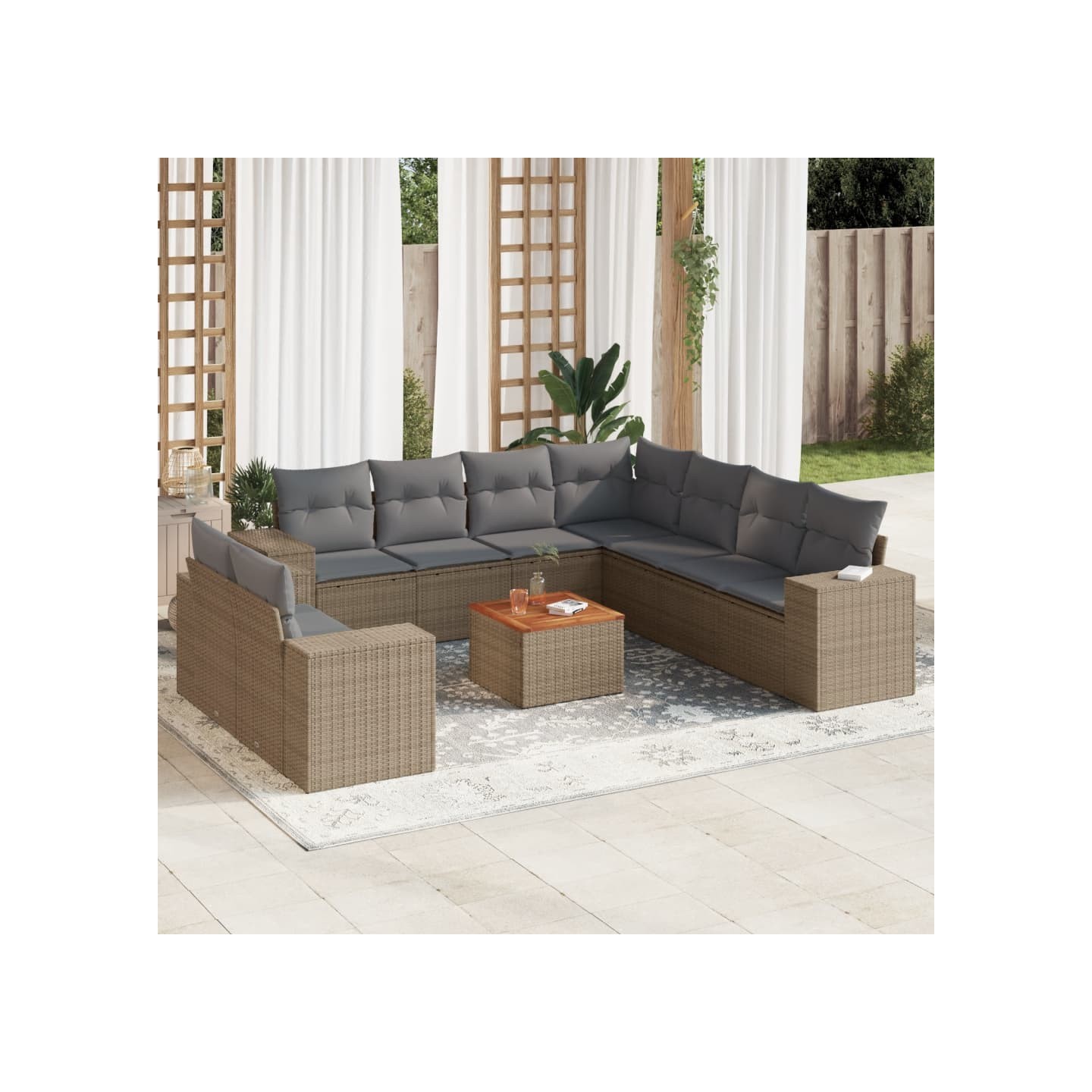 Salon de jardin avec coussins 10 pcs beige résine tressée