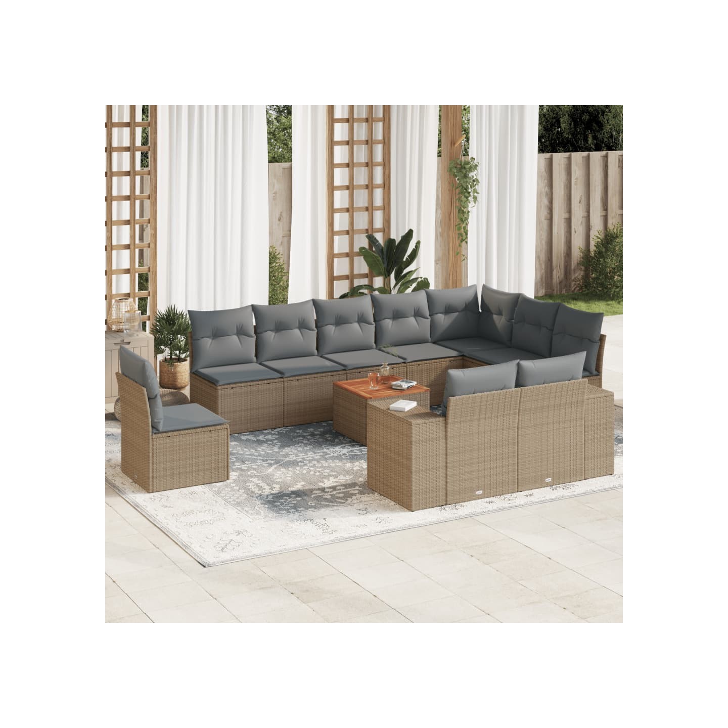 Salon de jardin 11 pcs avec coussins beige résine tressée