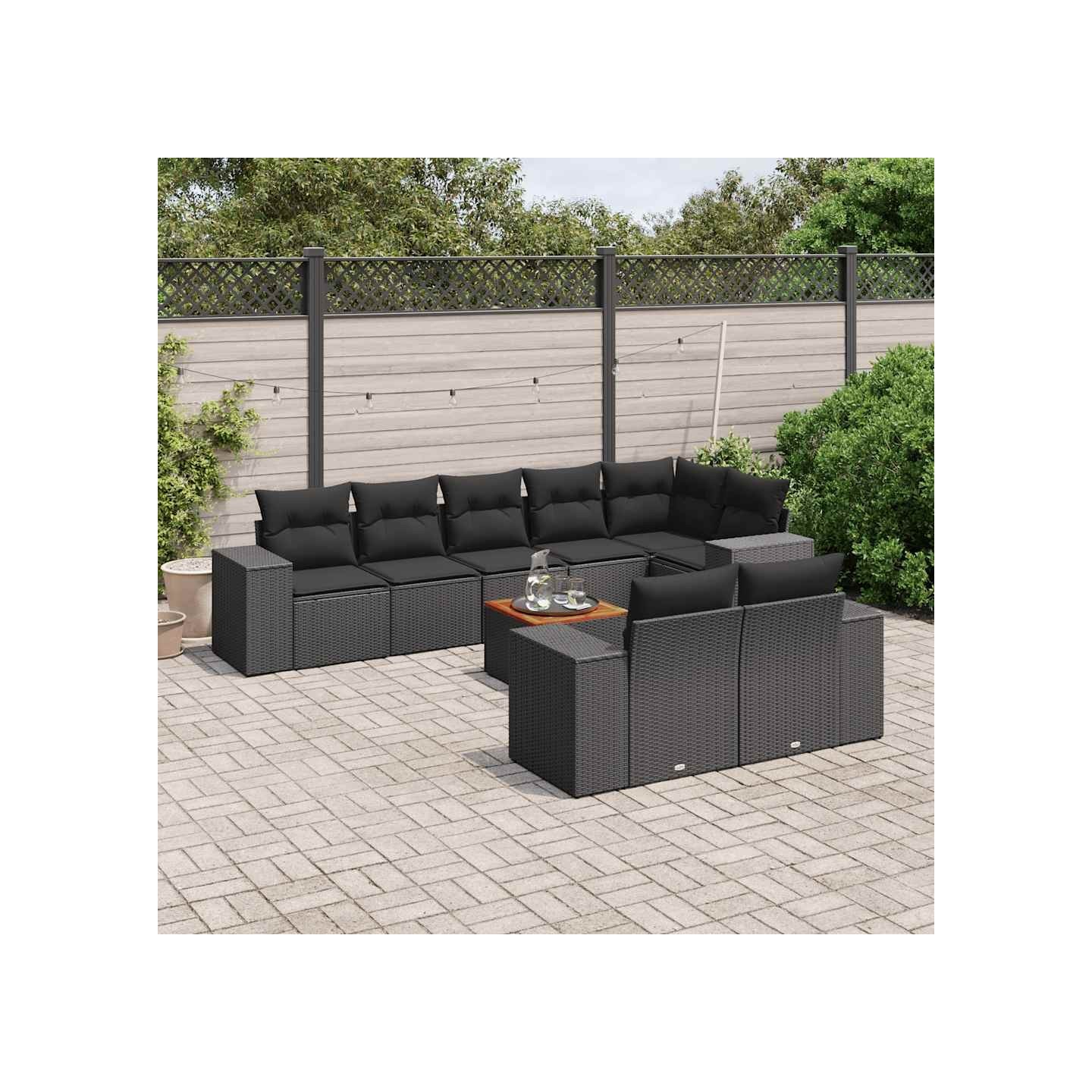 Salon de jardin 9 pcs avec coussins noir résine tressée