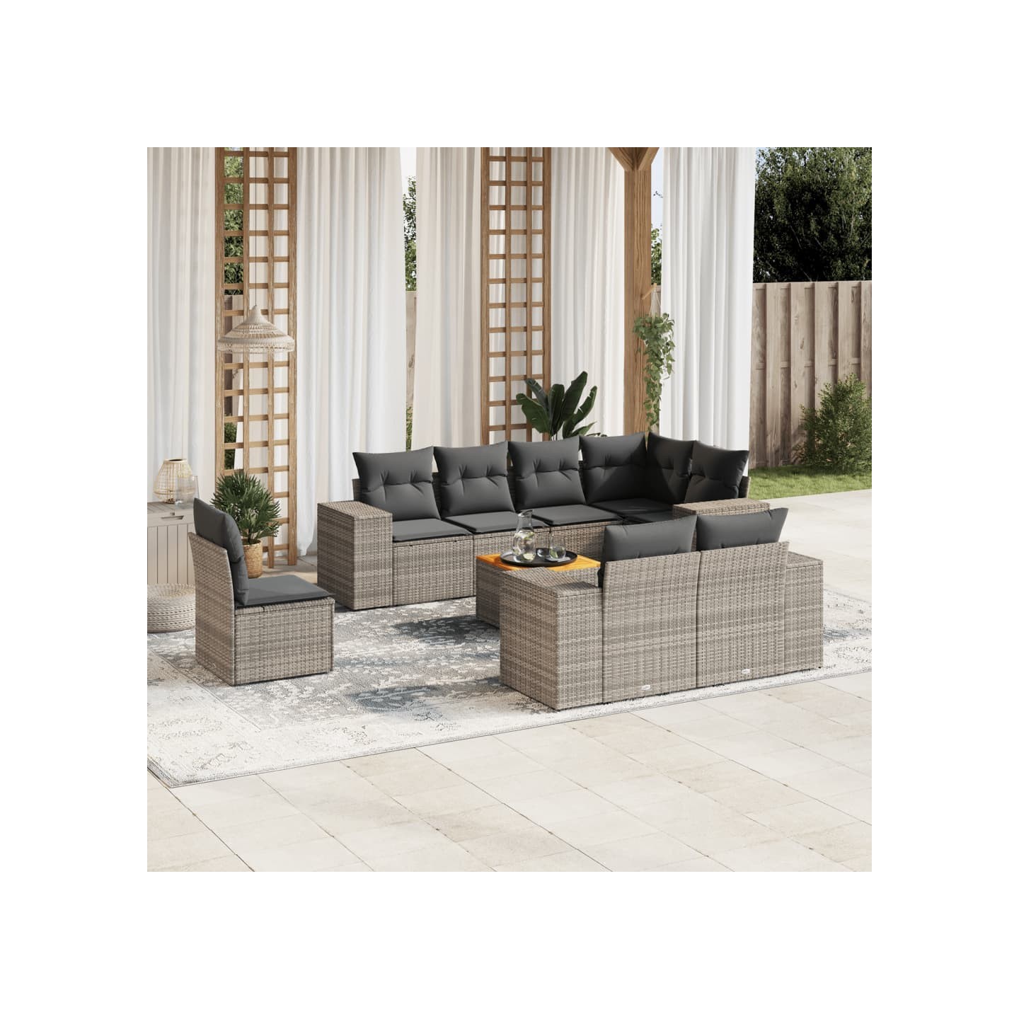 Salon de jardin 9 pcs avec coussins gris résine tressée