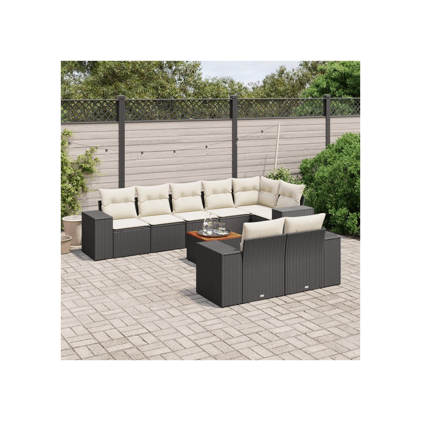 Salon de jardin 9 pcs avec coussins noir résine tressée