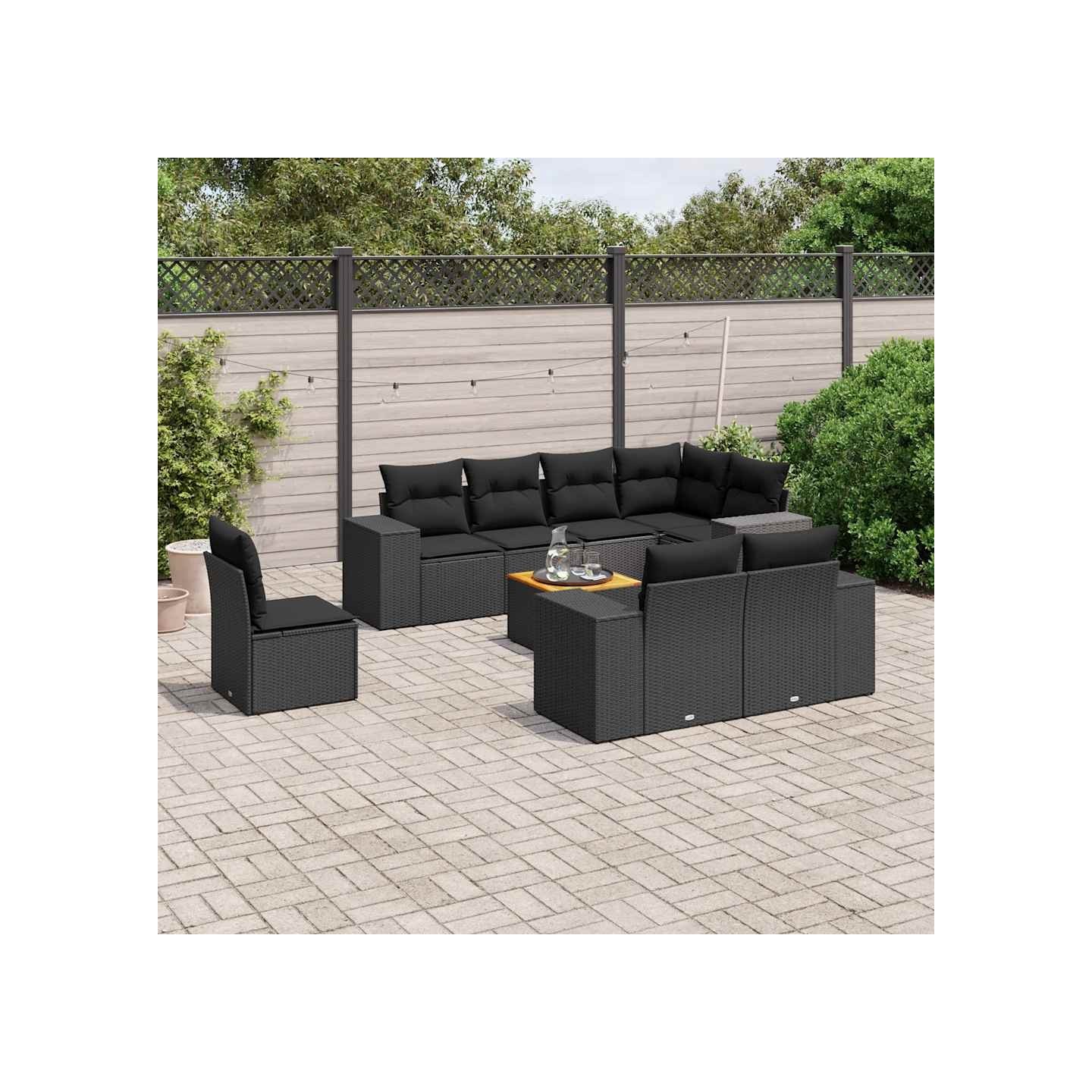 Salon de jardin 9 pcs avec coussins noir résine tressée