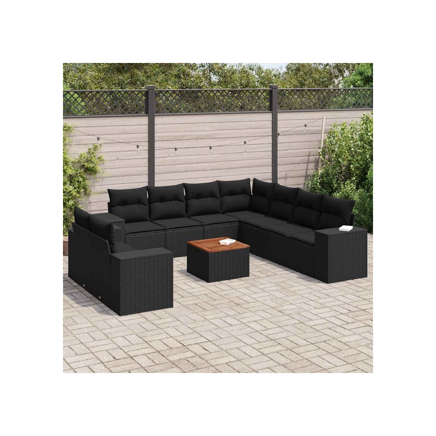 Salon de jardin 10 pcs avec coussins noir résine tressée