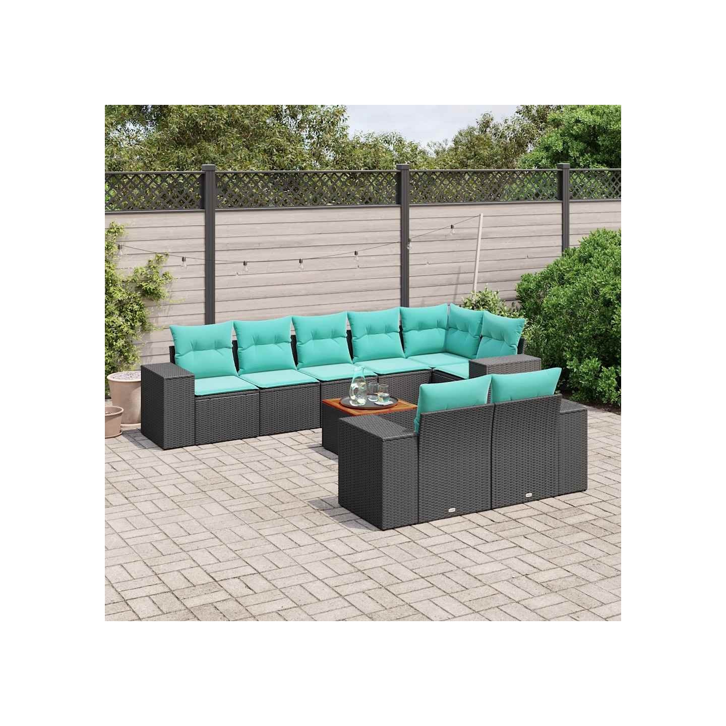 Ensemble de canapé de jardin 9 pcs avec coussins noir résine tressée