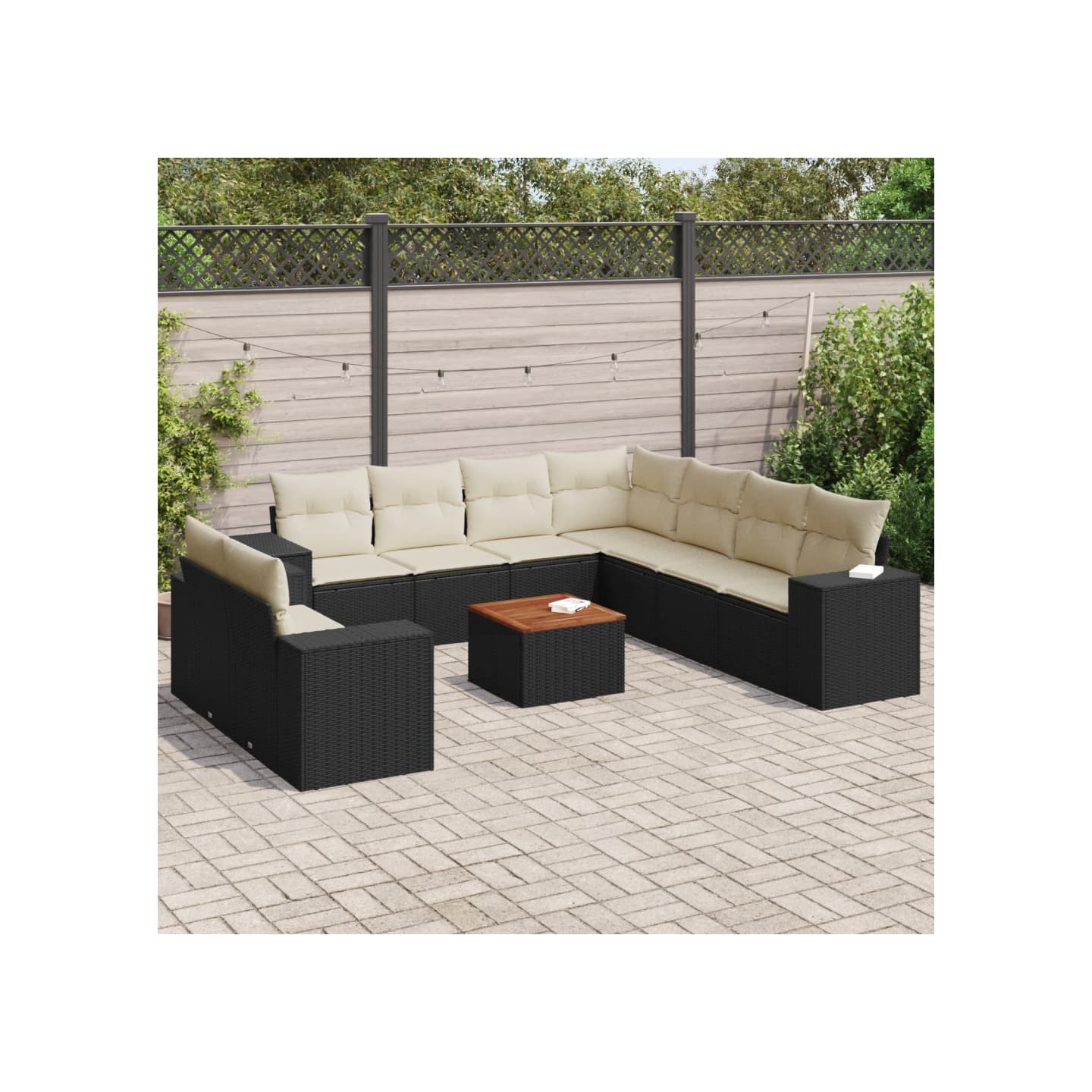 Salon de jardin 10 pcs avec coussins noir résine tressée