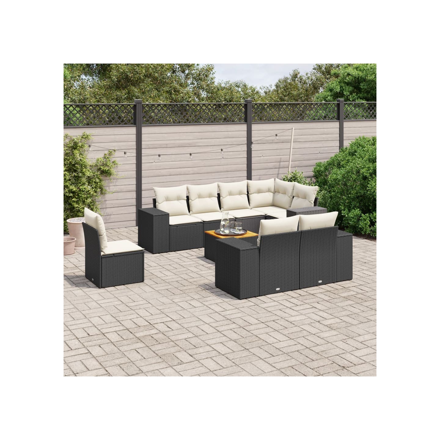 Salon de jardin 9 pcs avec coussins noir résine tressée