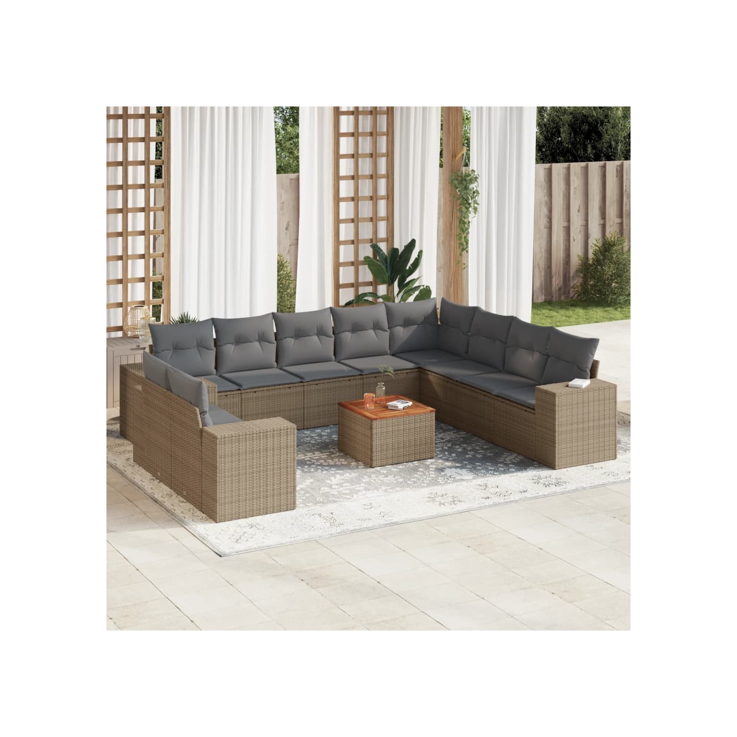 Salon de jardin 11 pcs avec coussins beige résine tressée