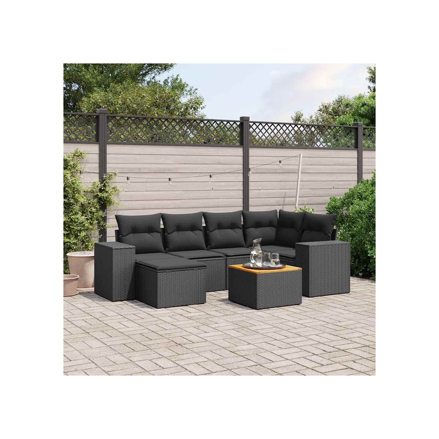 Salon de jardin 7 pcs avec coussins noir résine tressée