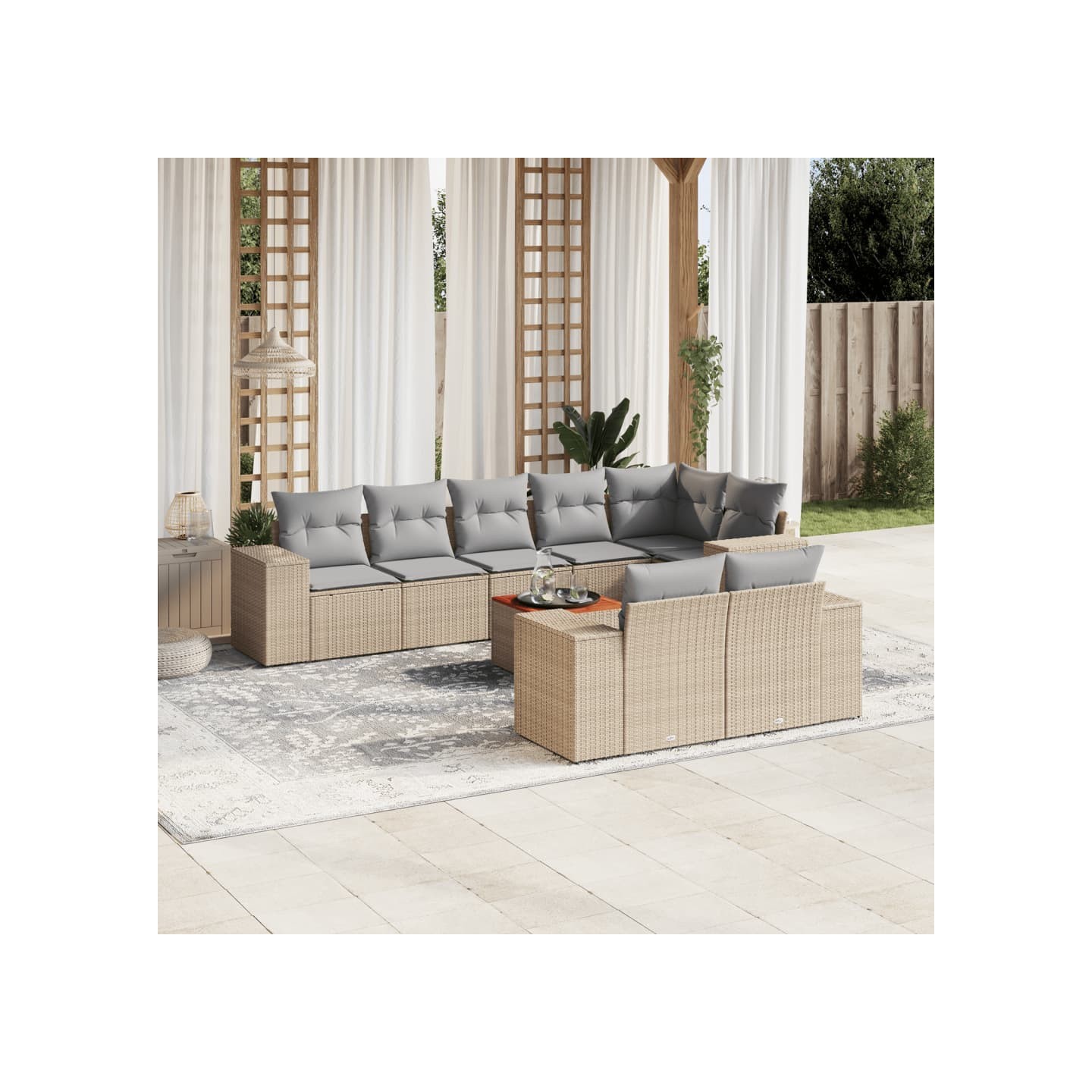 Salon de jardin avec coussins 9 pcs beige résine tressée