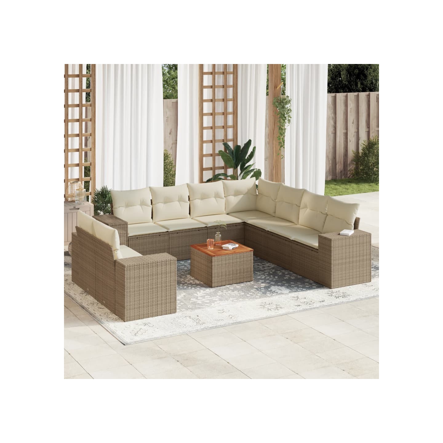 Salon de jardin avec coussins 10 pcs beige résine tressée