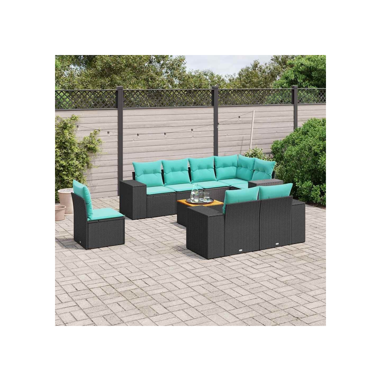 Ensemble de canapé de jardin 9 pcs avec coussins noir résine tressée