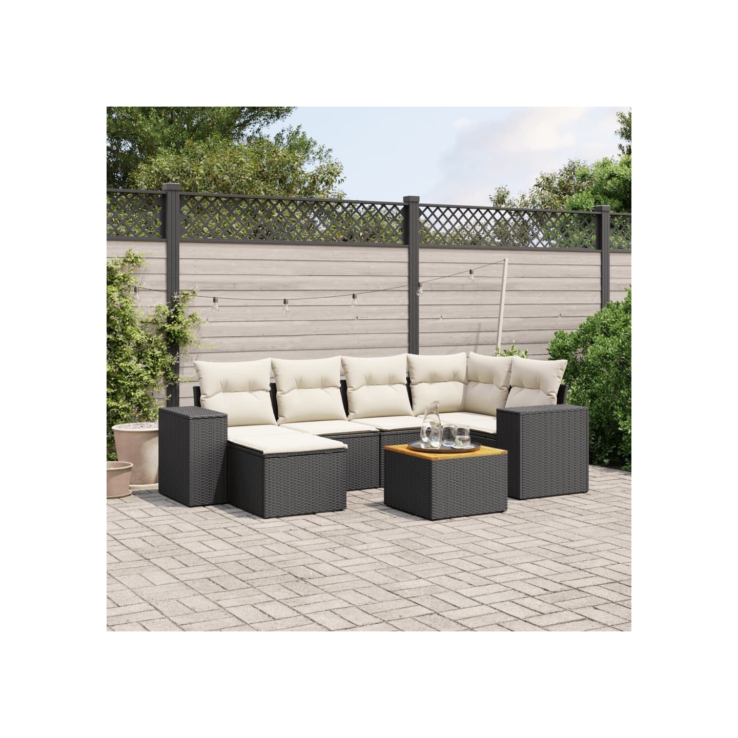 Salon de jardin 7 pcs avec coussins noir résine tressée