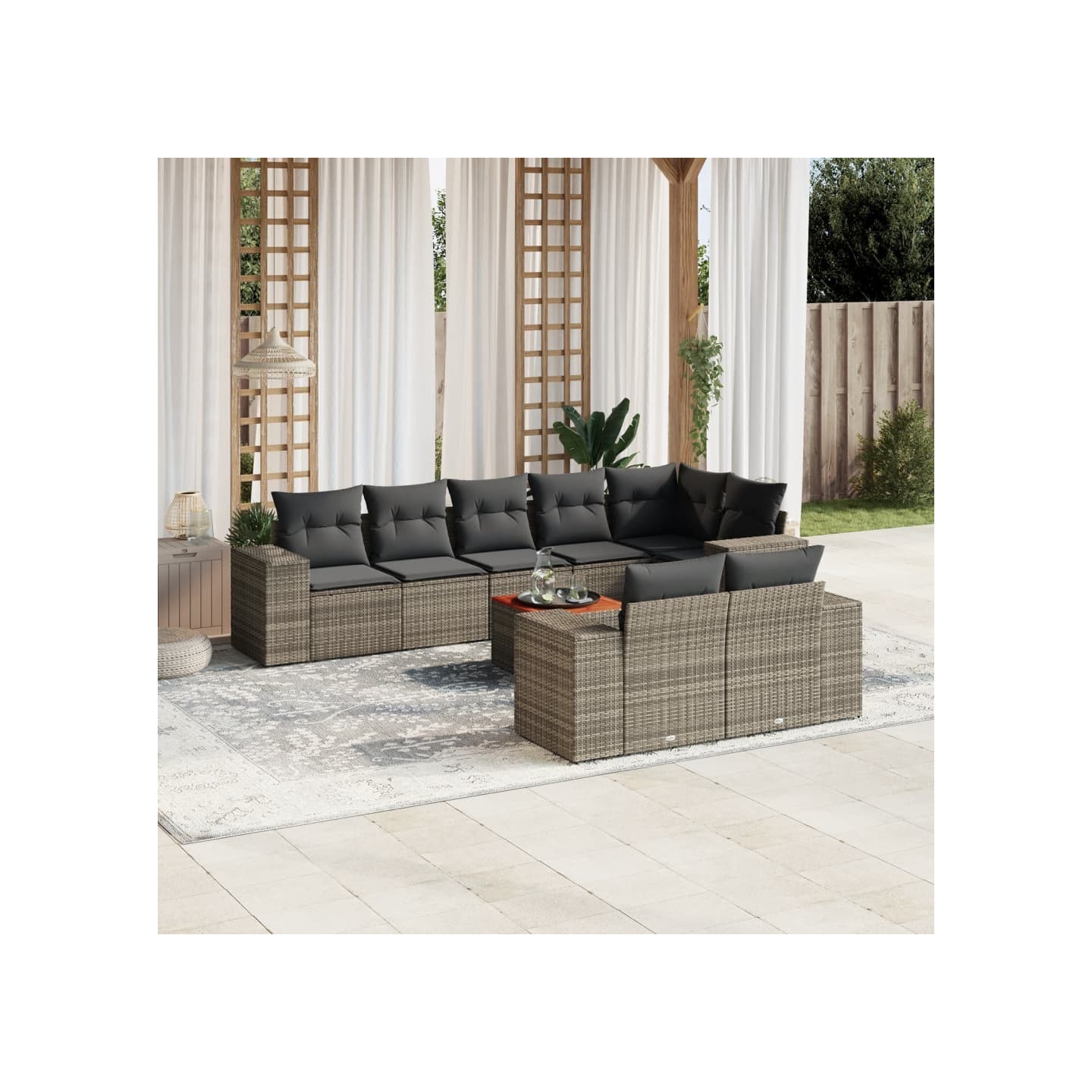 Salon de jardin 9 pcs avec coussins gris résine tressée