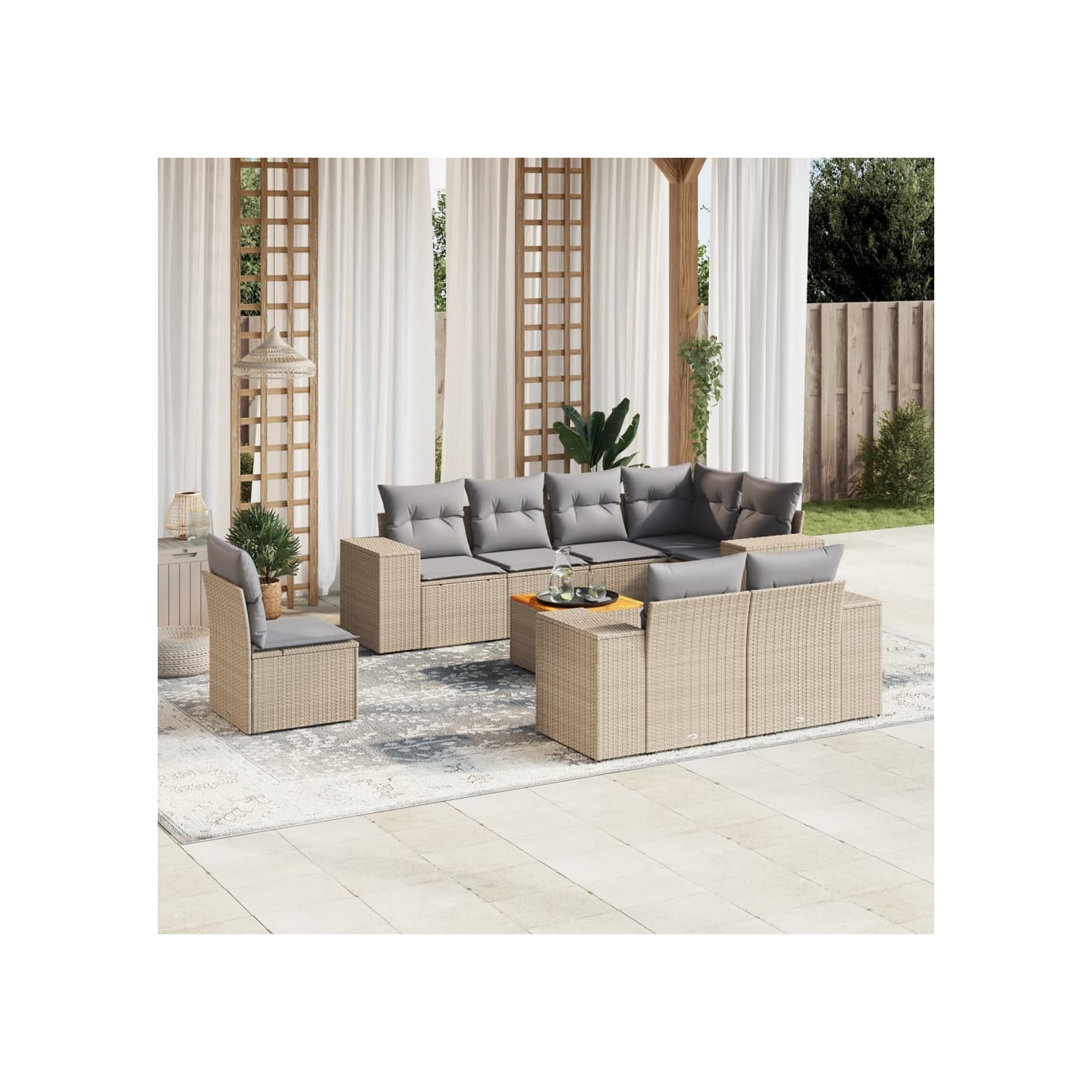 Salon de jardin avec coussins 9 pcs beige résine tressée