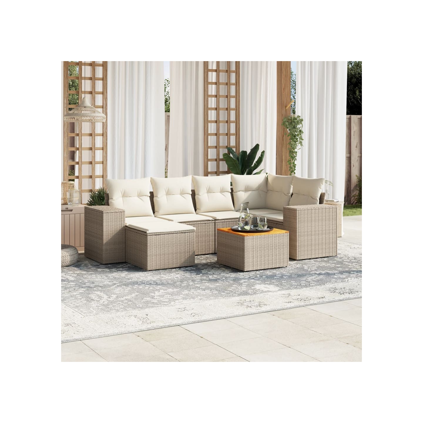 Salon de jardin avec coussins 7 pcs beige résine tressée