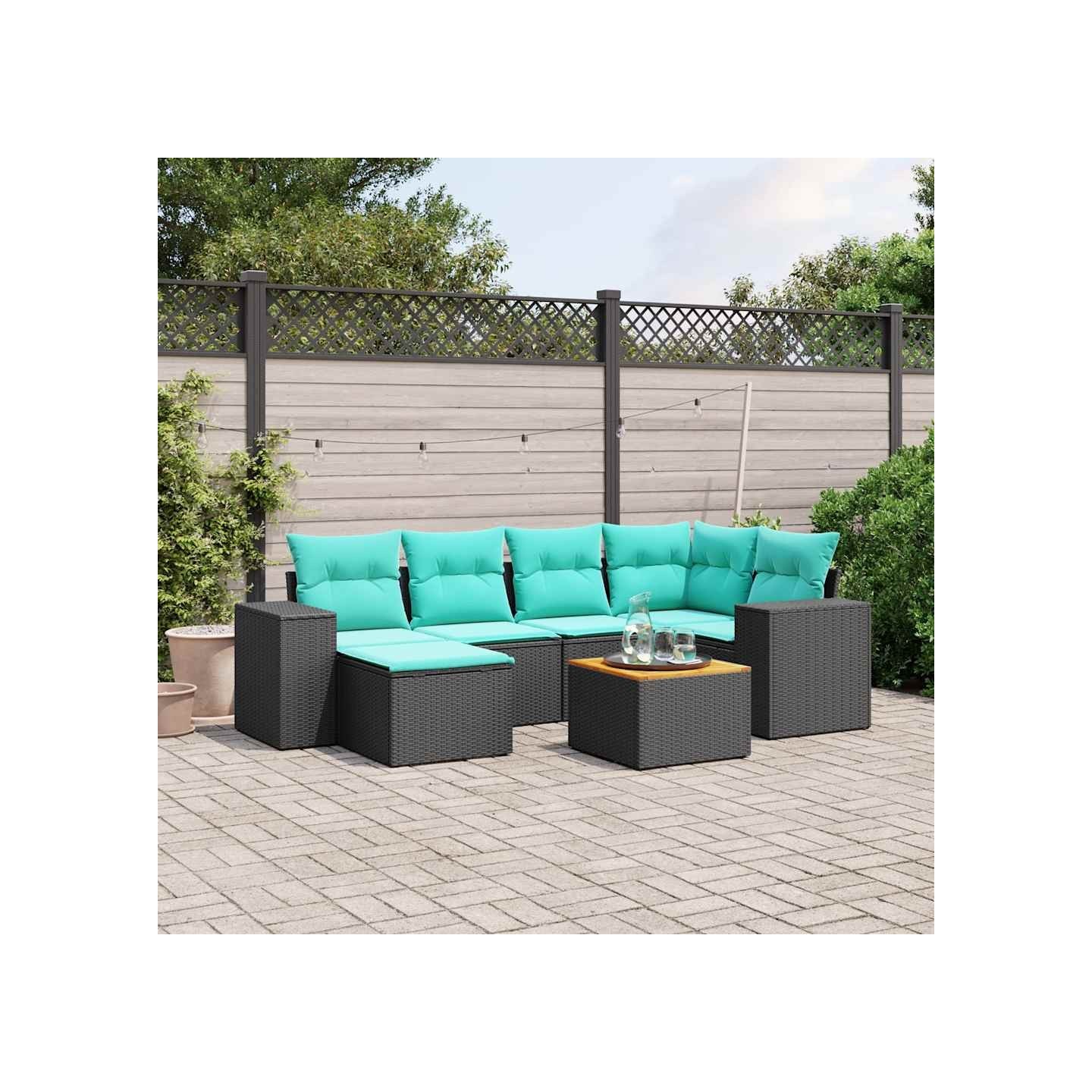 Ensemble de canapé de jardin 7 pcs avec coussins noir résine tressée