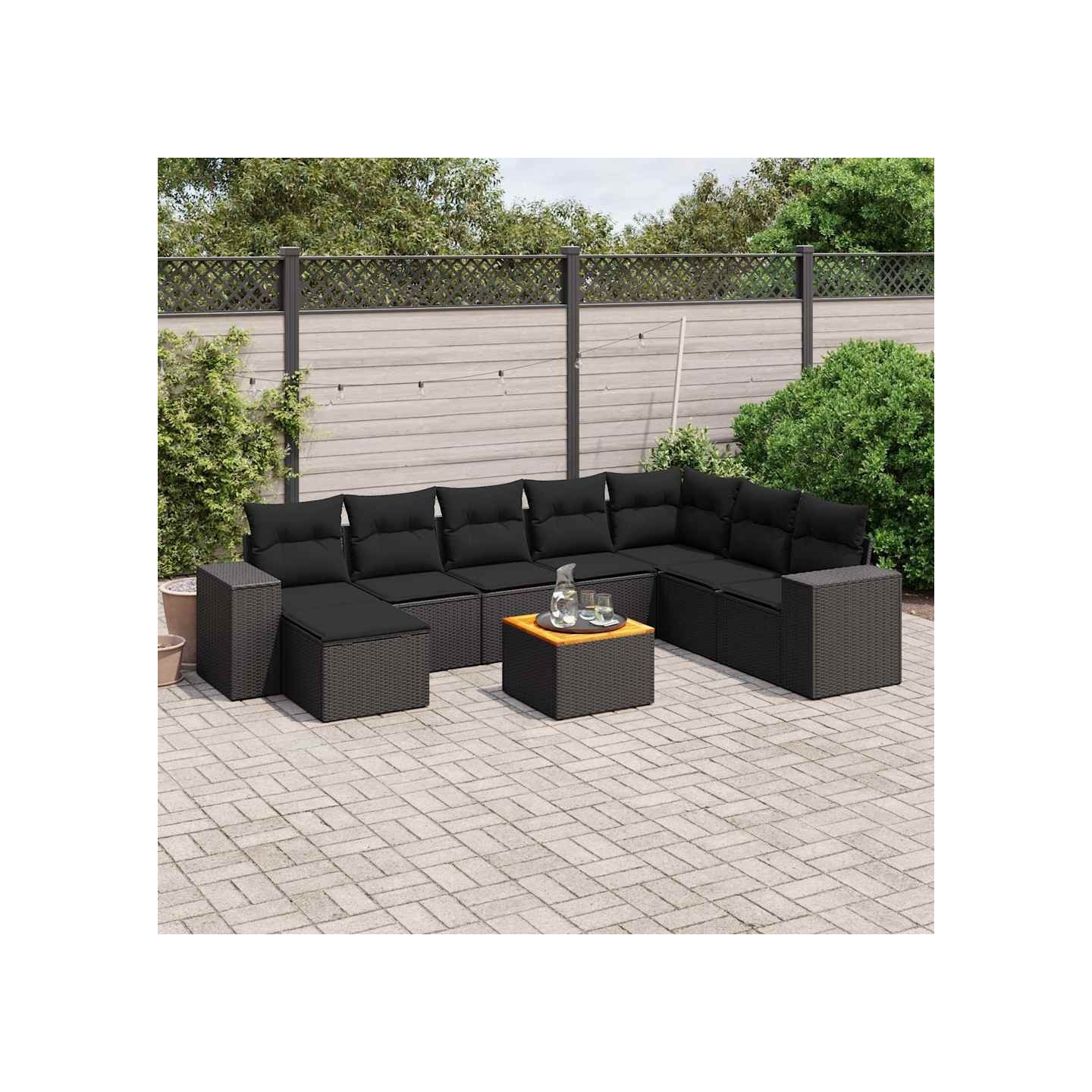 Salon de jardin 9 pcs avec coussins noir résine tressée