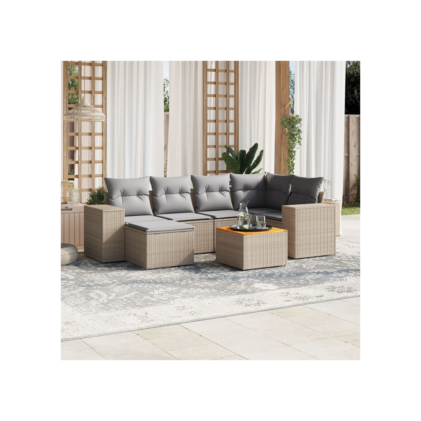 Salon de jardin avec coussins 7 pcs beige résine tressée