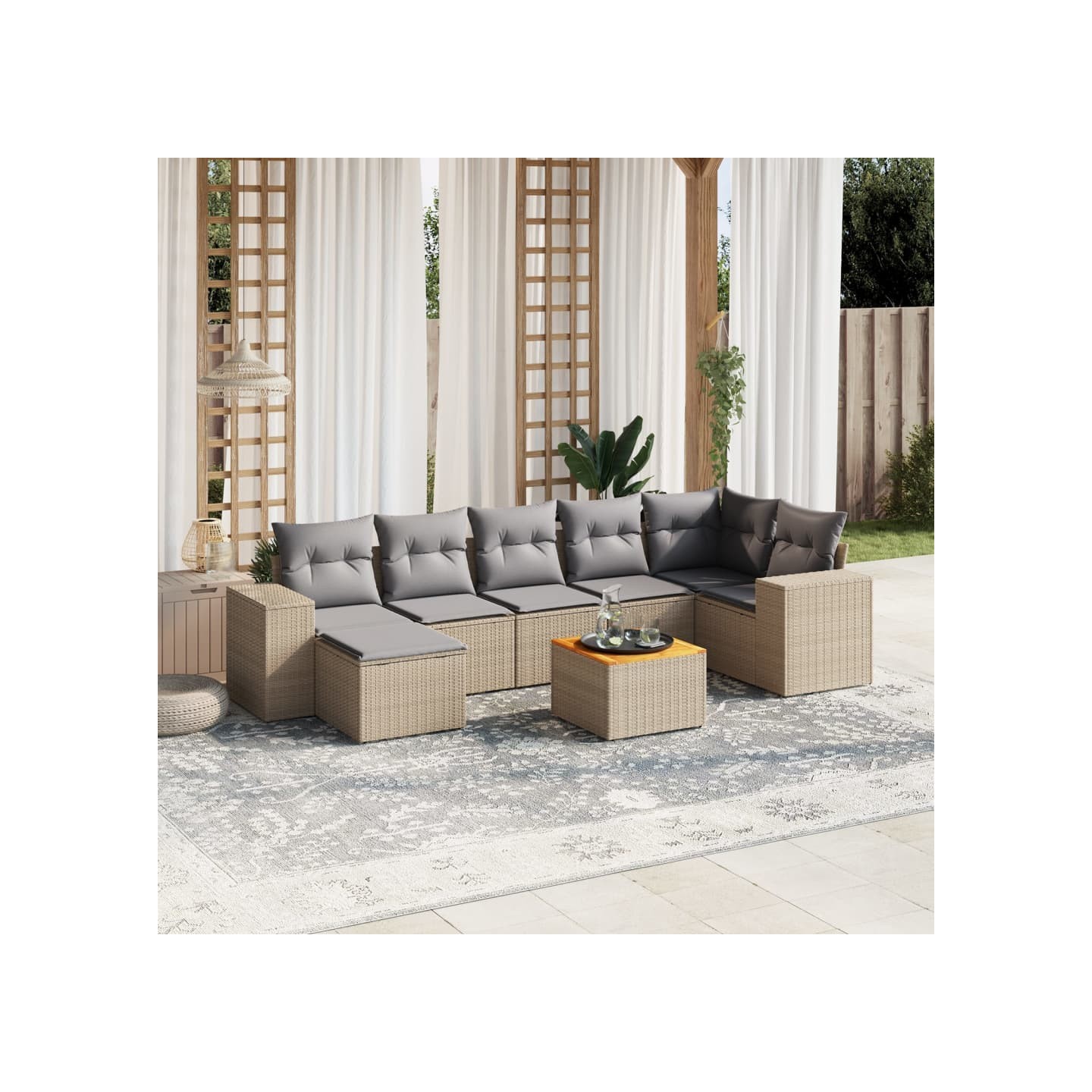 Salon de jardin avec coussins 8 pcs beige résine tressée