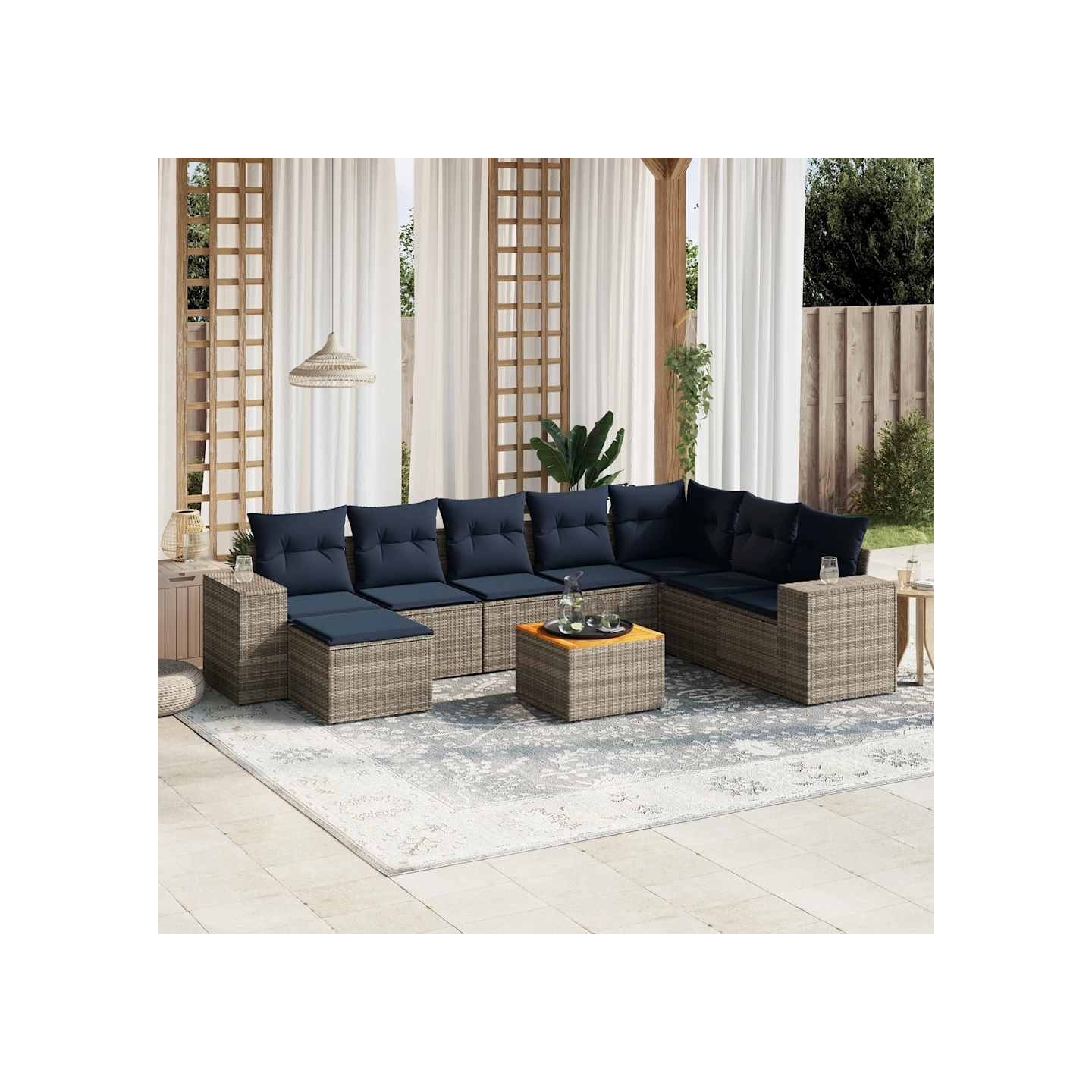 Ensemble de canapé de jardin 9 pcs avec coussins gris résine tressée