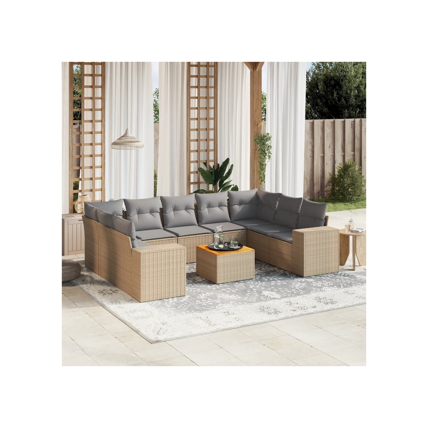 Salon de jardin avec coussins 10 pcs beige résine tressée