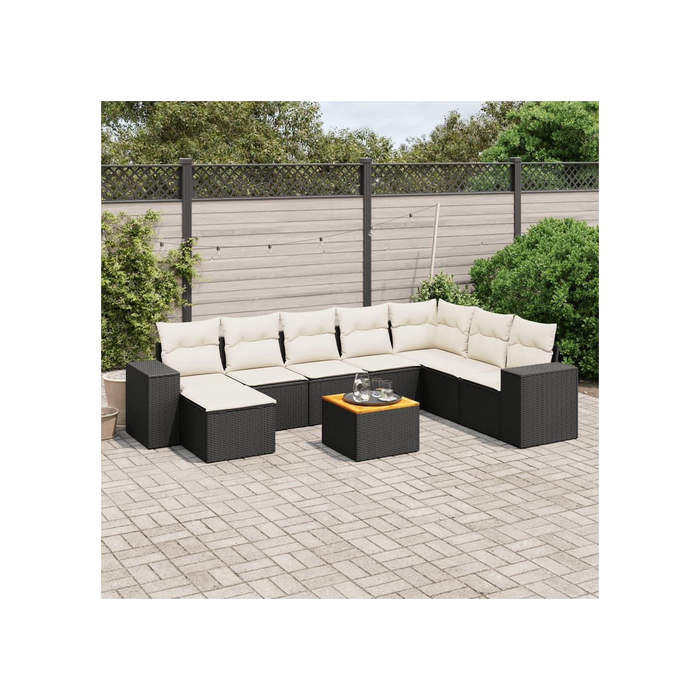 Salon de jardin 9 pcs avec coussins noir résine tressée