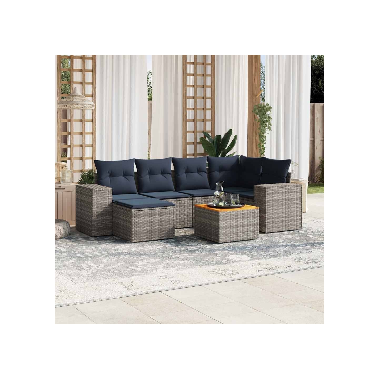 Ensemble de canapé de jardin 7 pcs avec coussins gris résine tressée