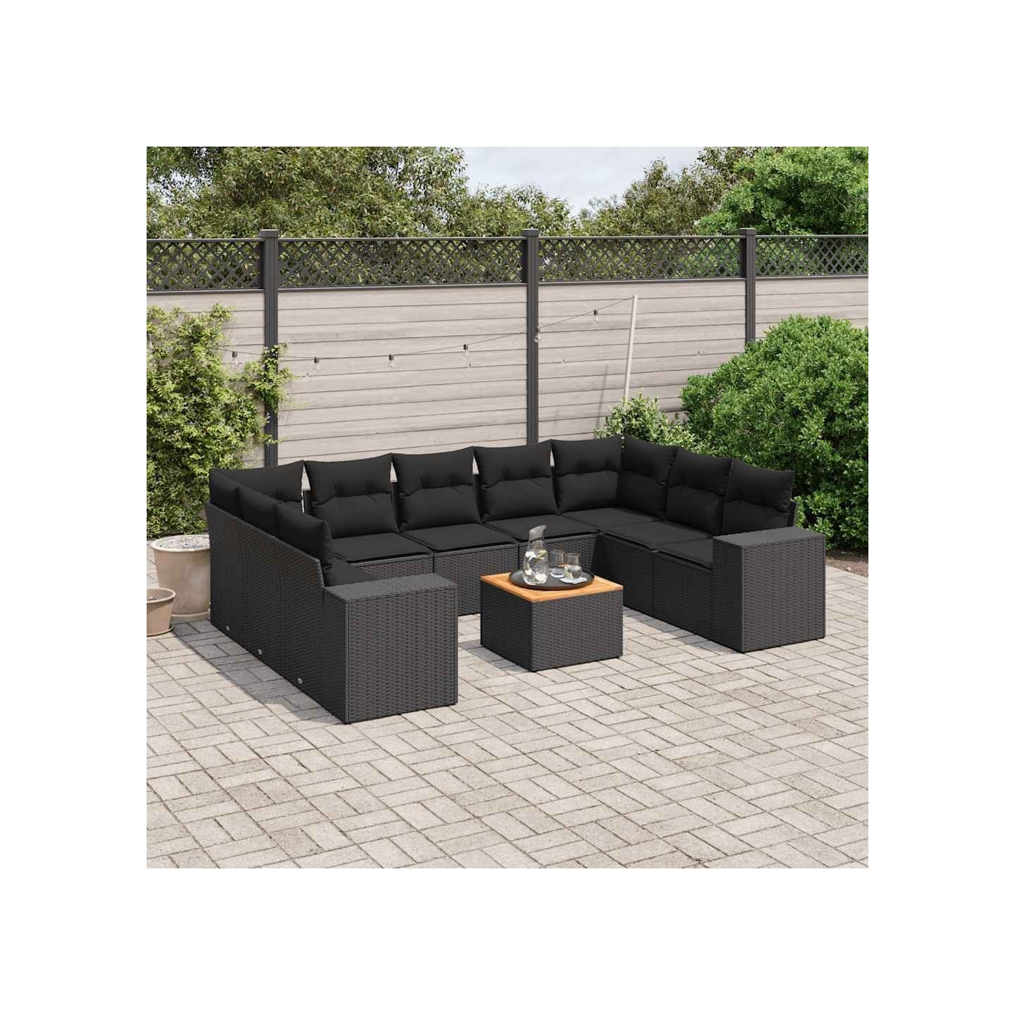 Salon de jardin 10 pcs avec coussins noir résine tressée