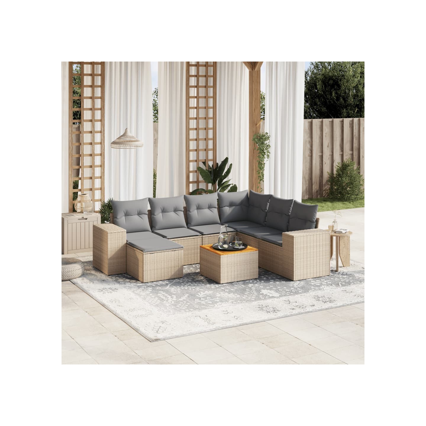 Salon de jardin avec coussins 8 pcs beige résine tressée