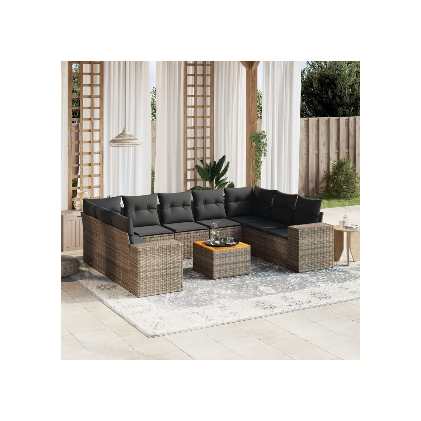 Salon de jardin avec coussins 10 pcs gris résine tressée