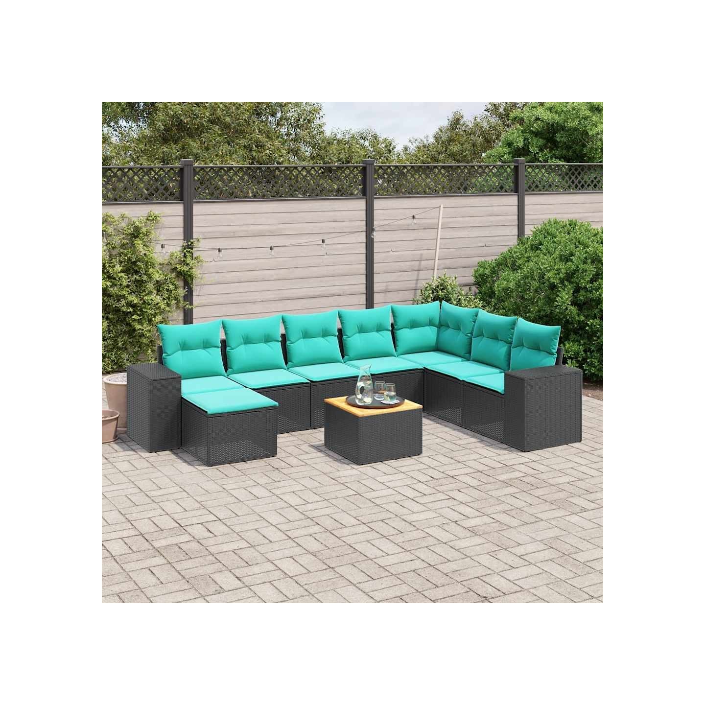 Ensemble de canapé de jardin 9 pcs avec coussins noir résine tressée