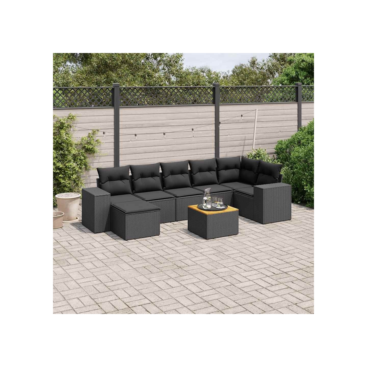 Salon de jardin 8 pcs avec coussins noir résine tressée