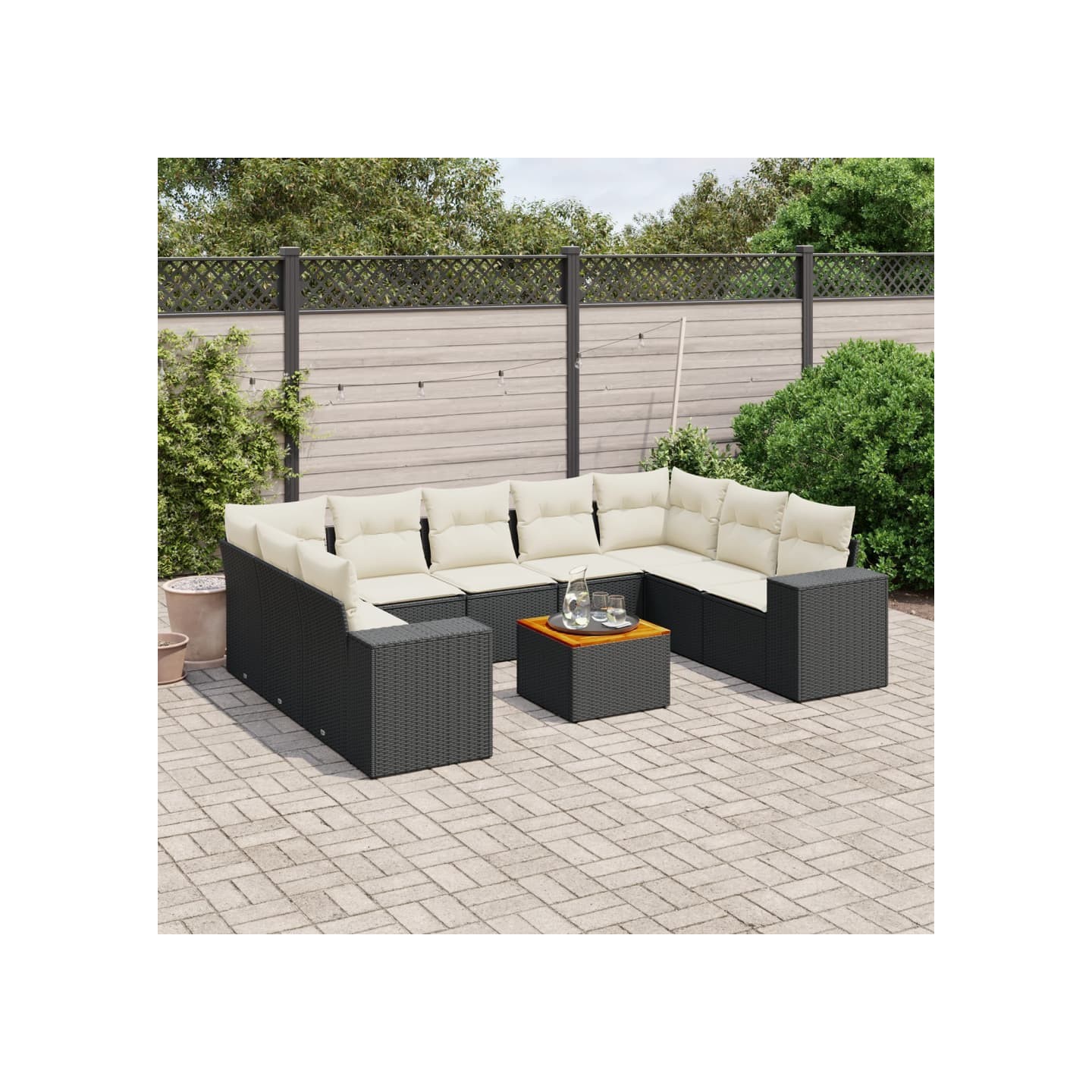 Salon de jardin 10 pcs avec coussins noir résine tressée
