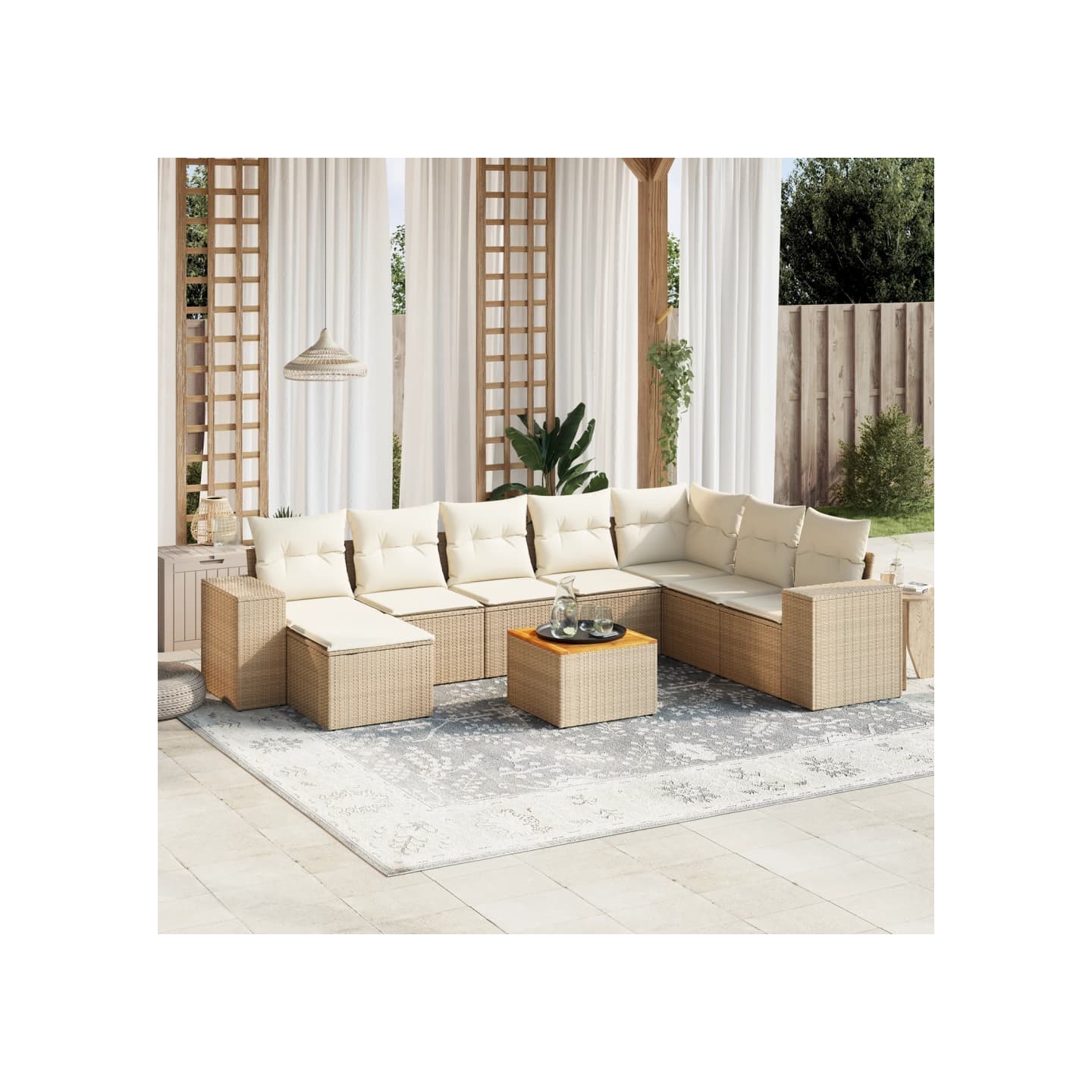 Salon de jardin avec coussins 9 pcs beige résine tressée