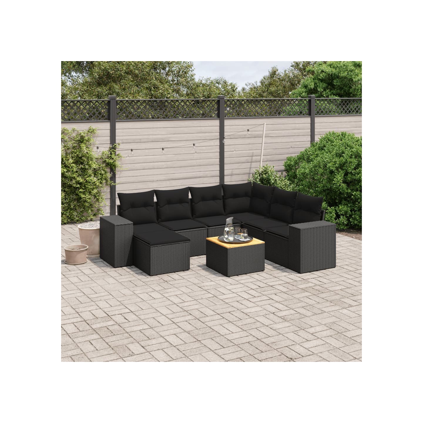 Salon de jardin 8 pcs avec coussins noir résine tressée