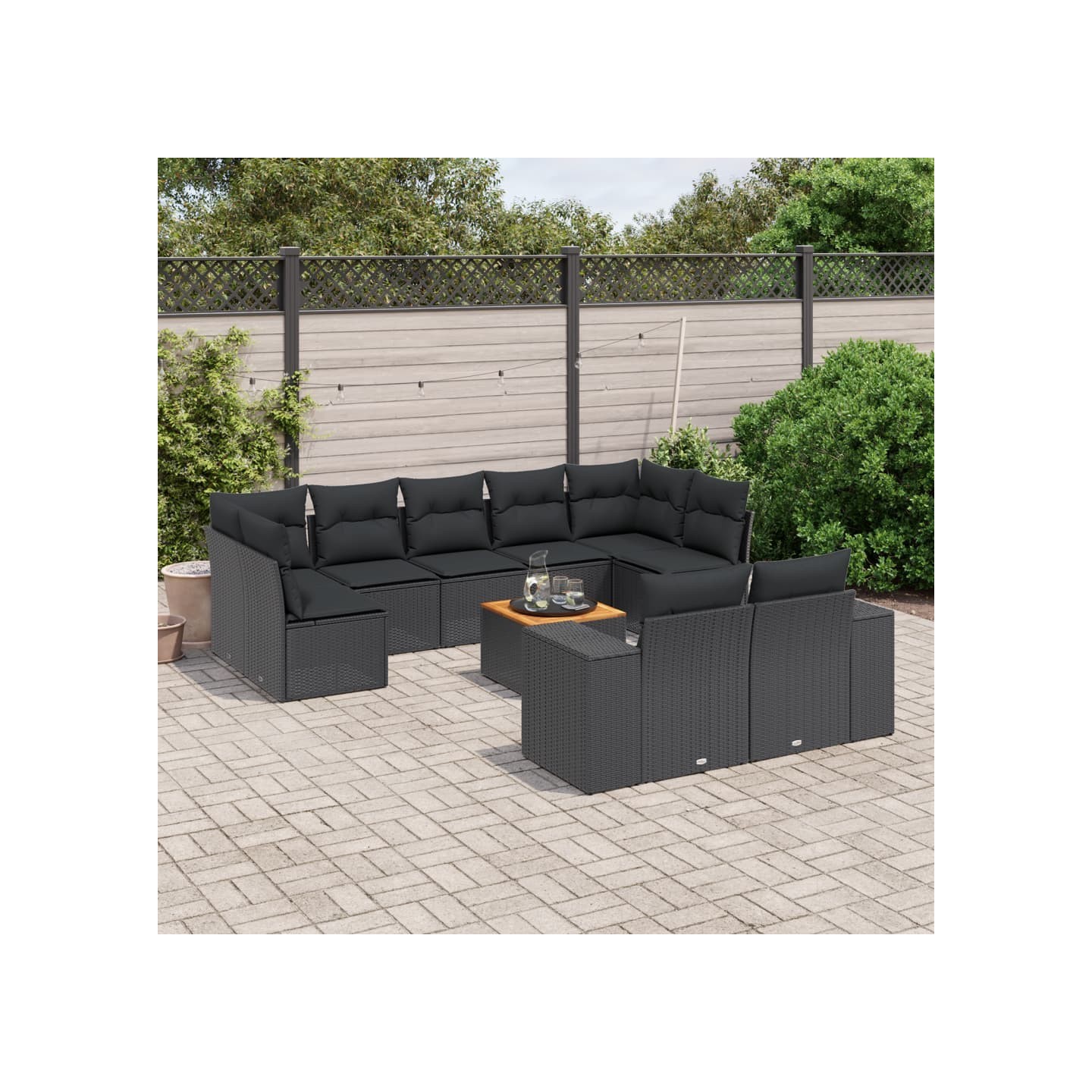 Salon de jardin 10 pcs avec coussins noir résine tressée