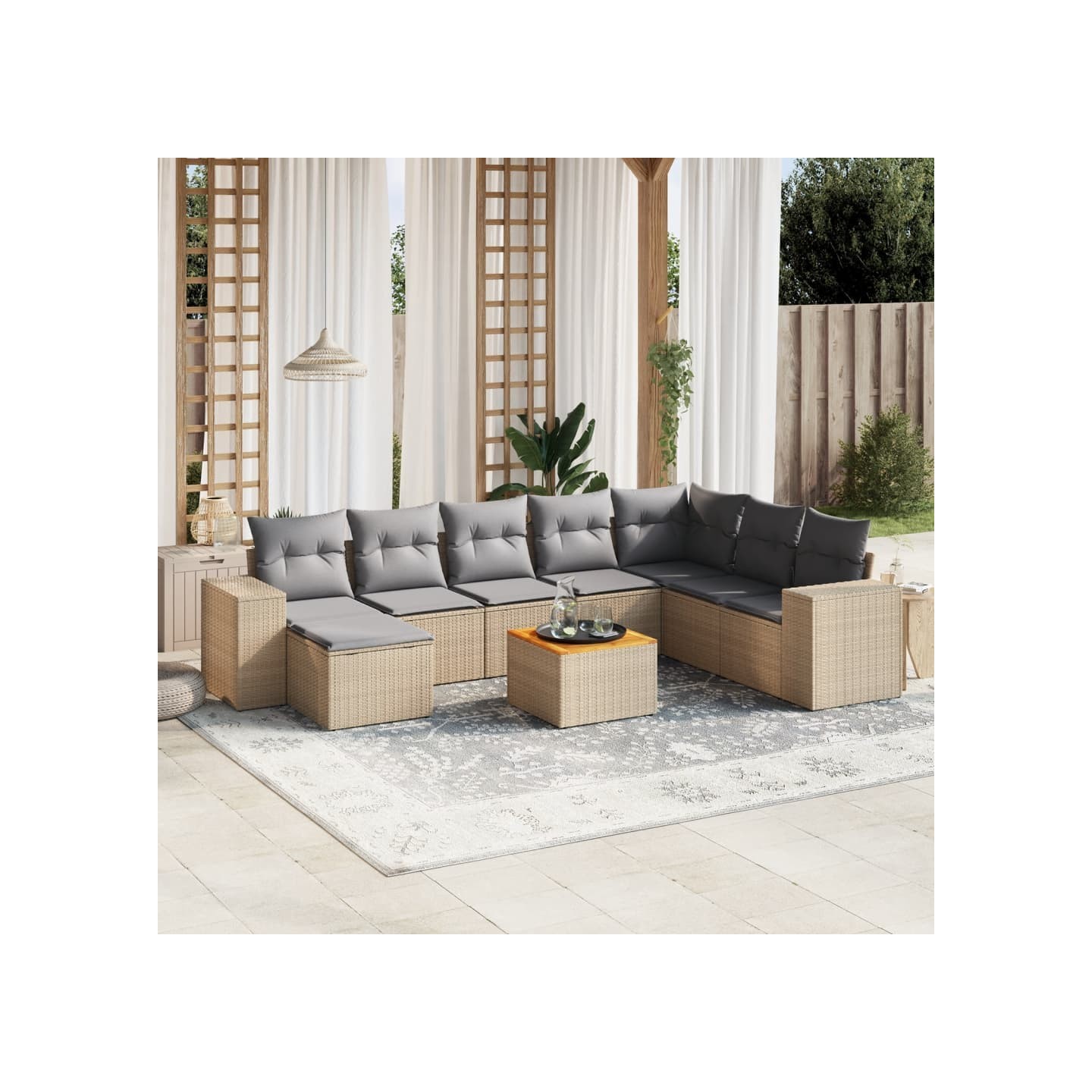 Salon de jardin avec coussins 9 pcs beige résine tressée