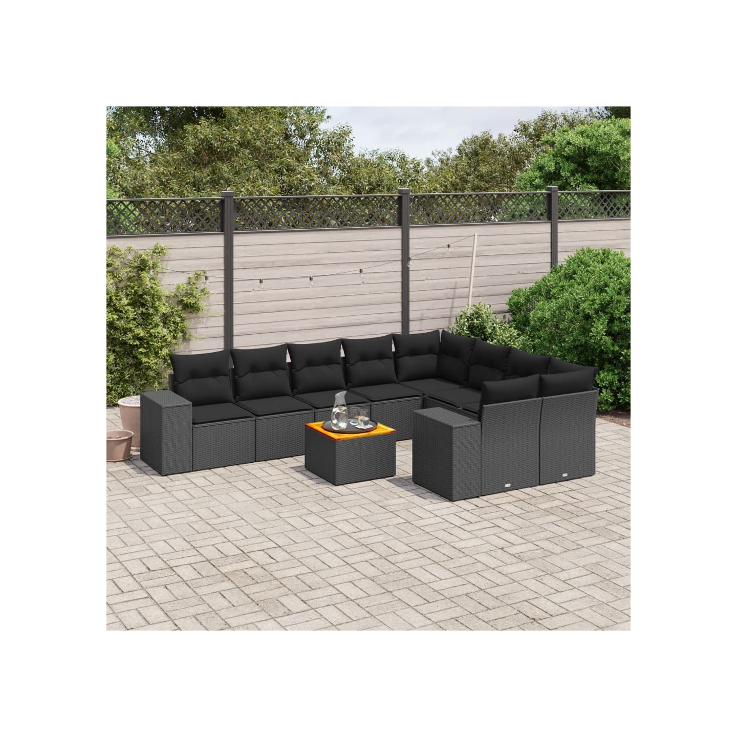 Salon de jardin 10 pcs avec coussins noir résine tressée