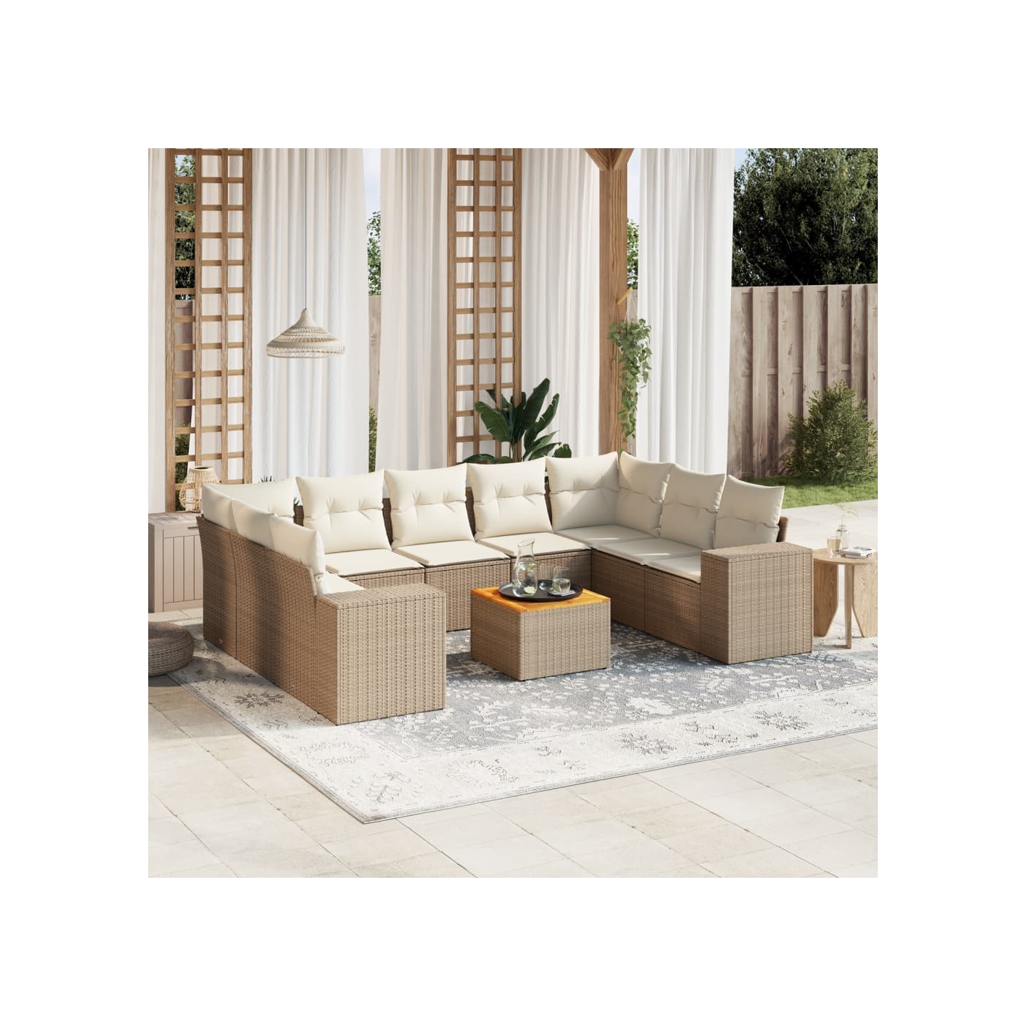 Salon de jardin avec coussins 10 pcs beige résine tressée