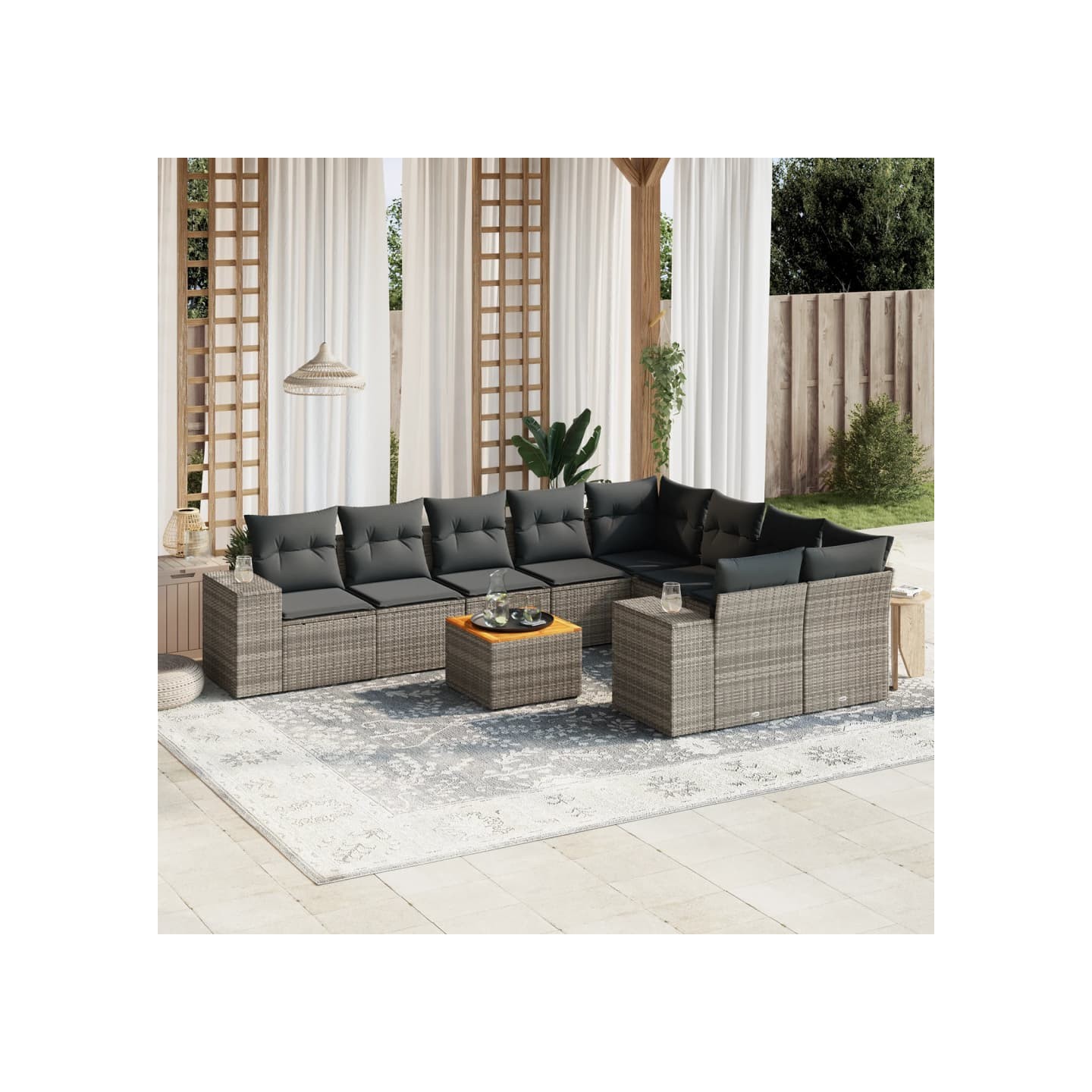 Salon de jardin avec coussins 10 pcs gris résine tressée