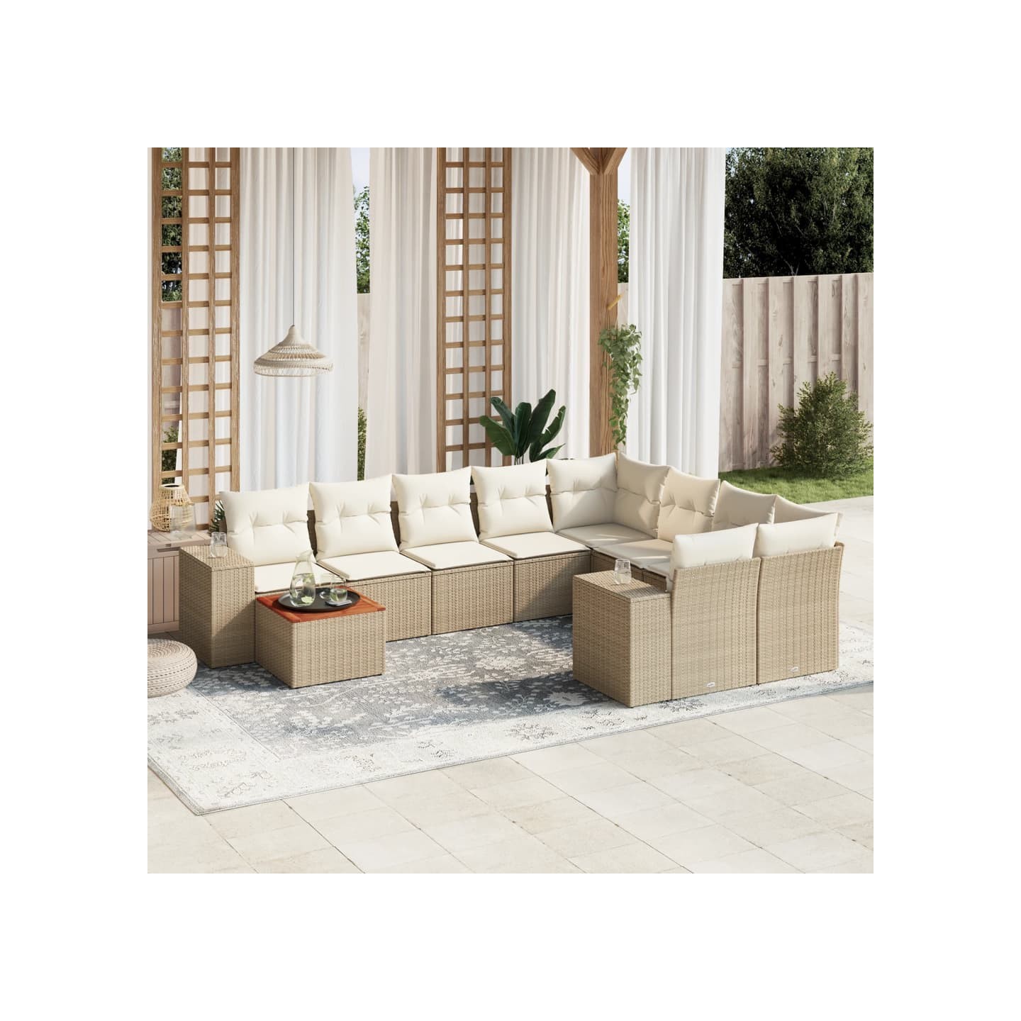Salon de jardin avec coussins 10 pcs beige résine tressée