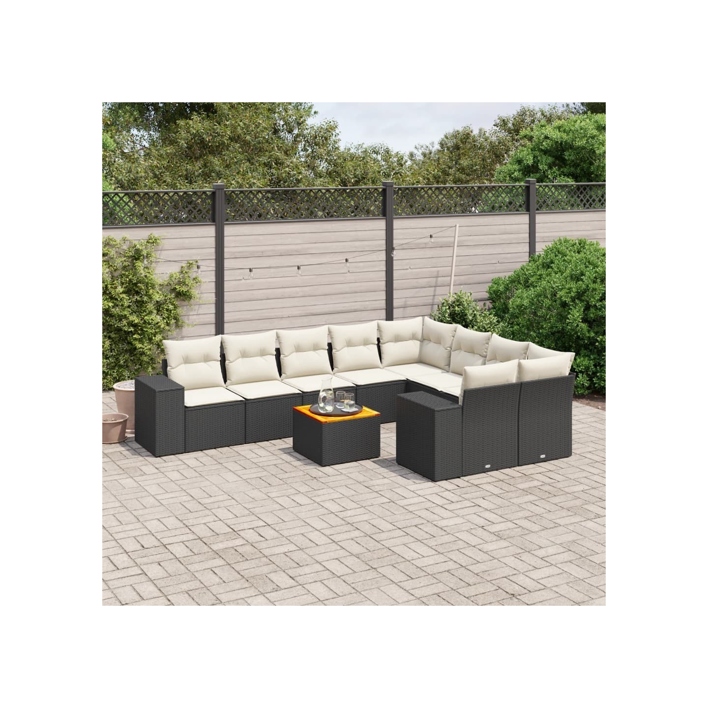 Salon de jardin 10 pcs avec coussins noir résine tressée