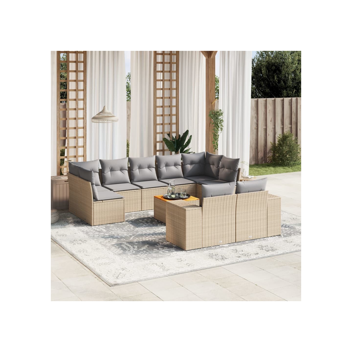 Salon de jardin avec coussins 10 pcs beige résine tressée
