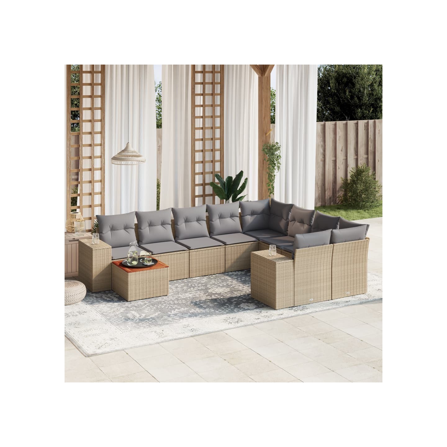 Salon de jardin avec coussins 10 pcs beige résine tressée