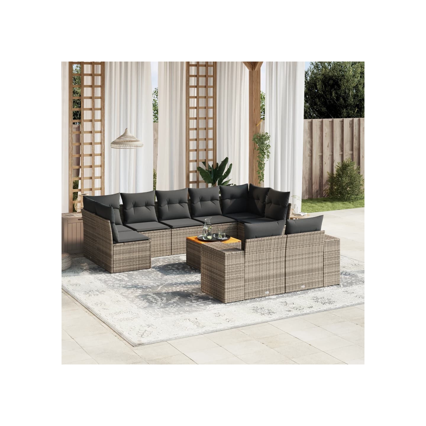 Salon de jardin avec coussins 10 pcs gris résine tressée