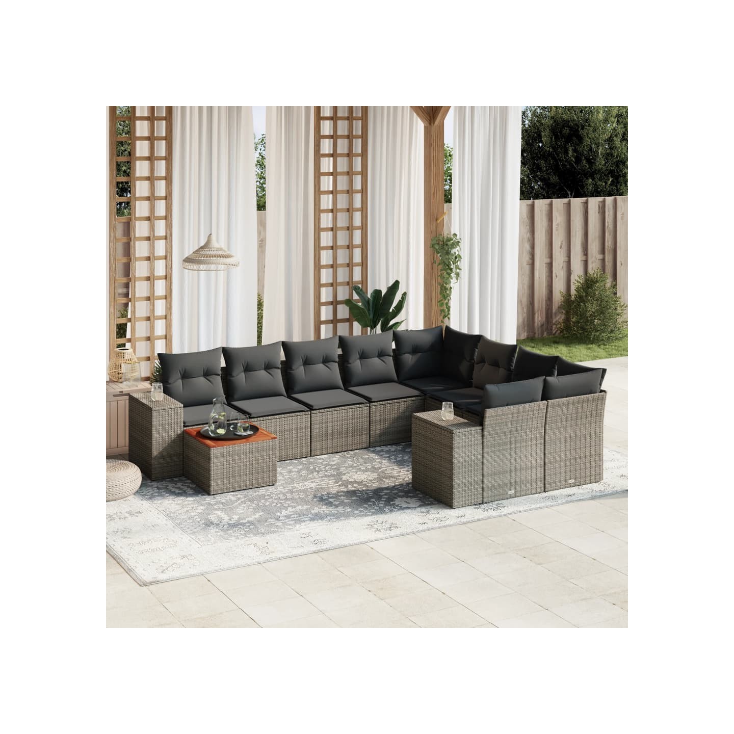 Salon de jardin avec coussins 10 pcs gris résine tressée