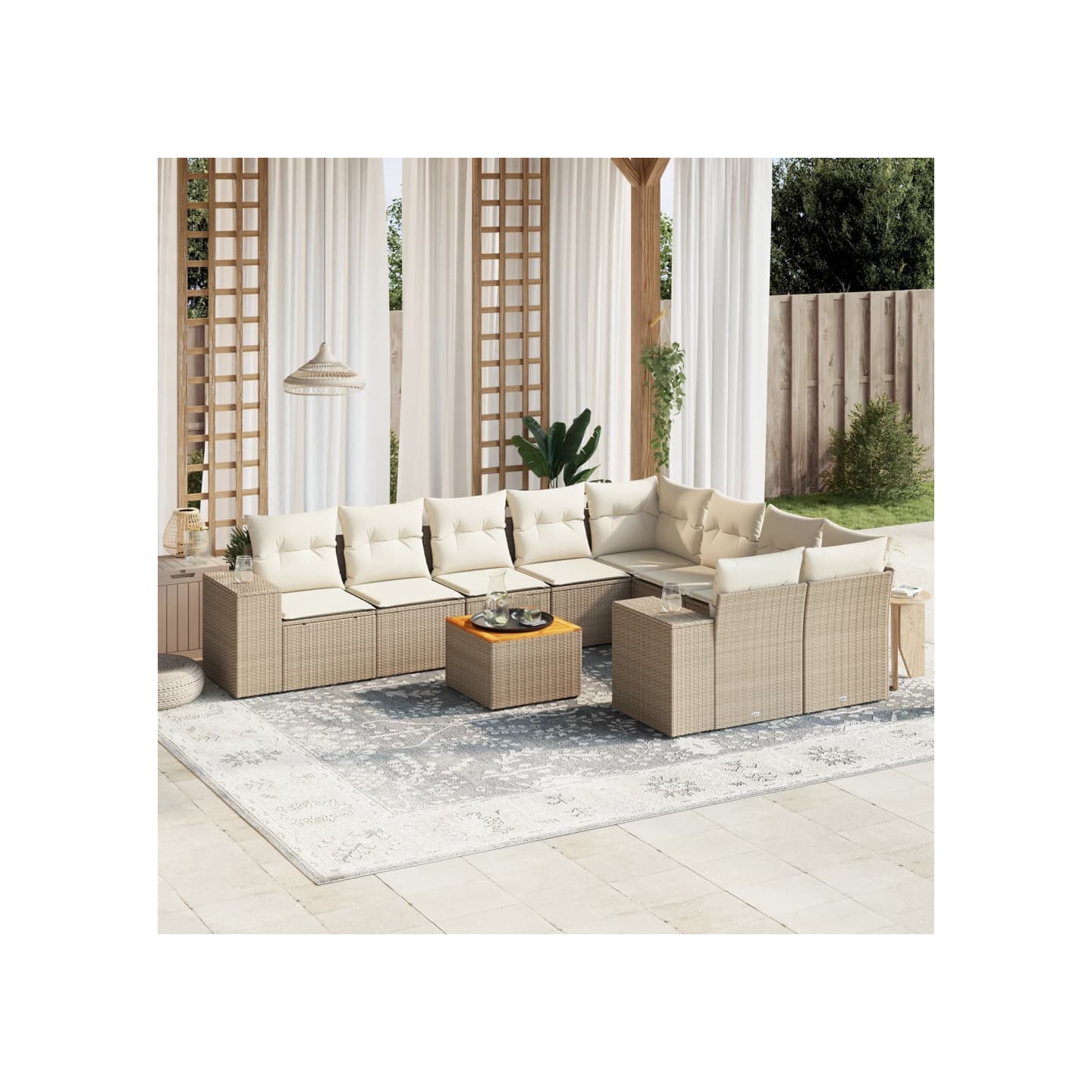 Salon de jardin avec coussins 10 pcs beige résine tressée